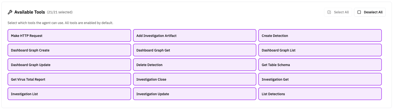 Available Tools — tool grid + Select All / Deselect All