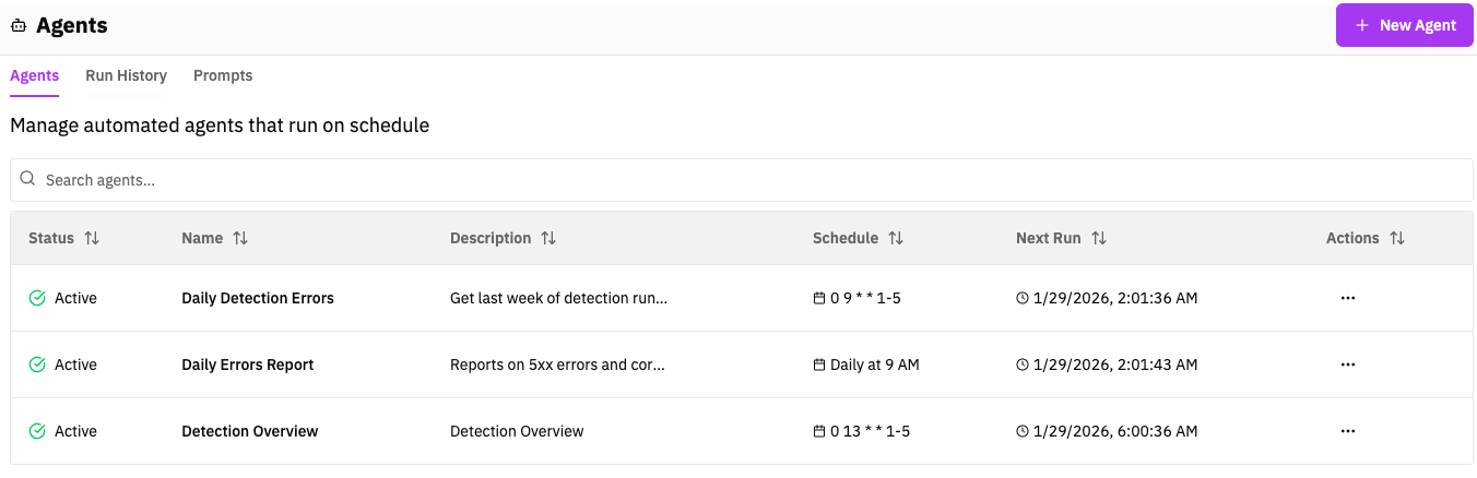 Agents list — Agents, Run History, and Prompts tabs + New Agent button