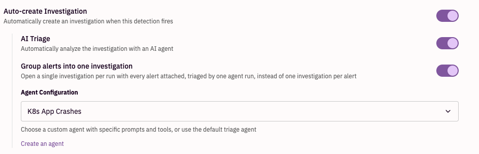 Detection settings with Auto-create Investigation, AI Triage, and Group alerts into one investigation turned on, and a custom agent selected under Agent Configuration