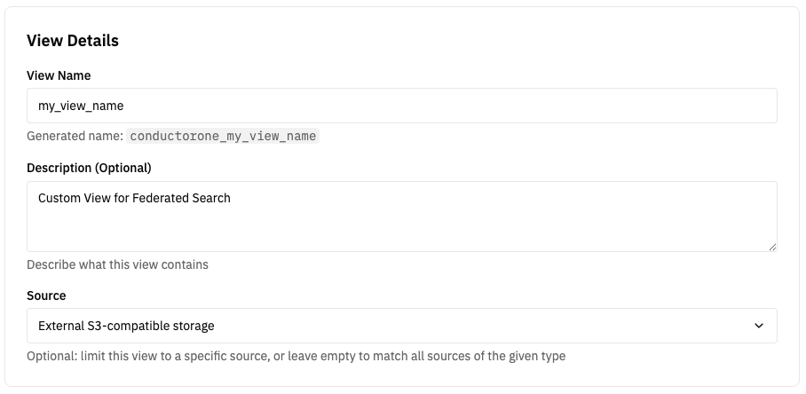 Custom View form with External S3-compatible storage selected as the source (click to open full size)