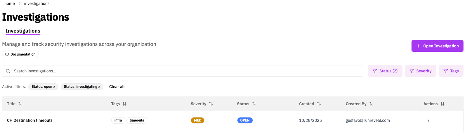 Investigations List View