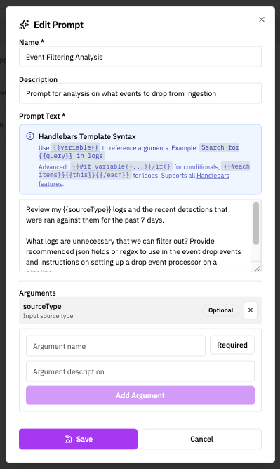 Edit Prompt dialog — Name, Description, Prompt Text with Handlebars syntax, and Arguments configuration