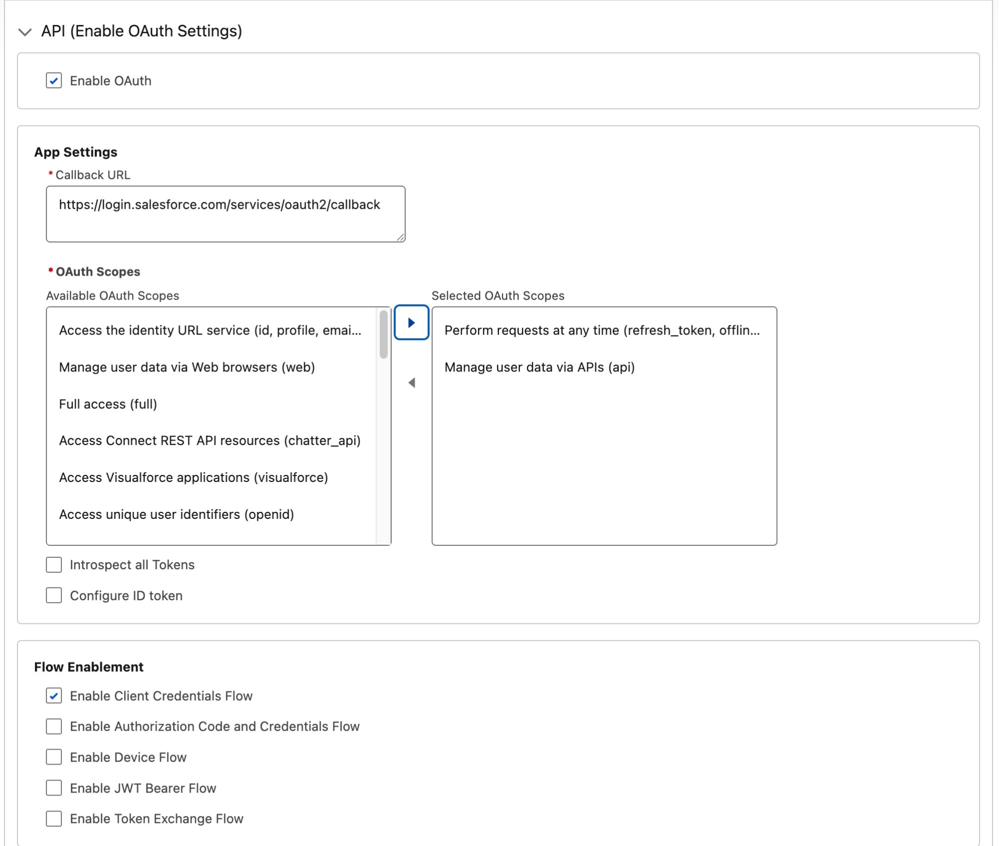 OAuth Settings — Enable OAuth, Callback URL, scopes, and Client Credentials Flow