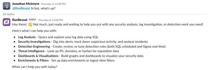 RunReveal Slack bot greeting and capabilities overview