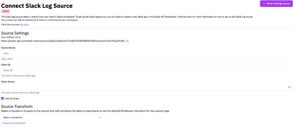 Connect Slack source in RunReveal
