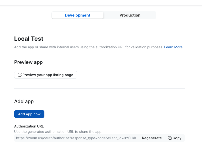 Install the app on your Zoom account from Local Test