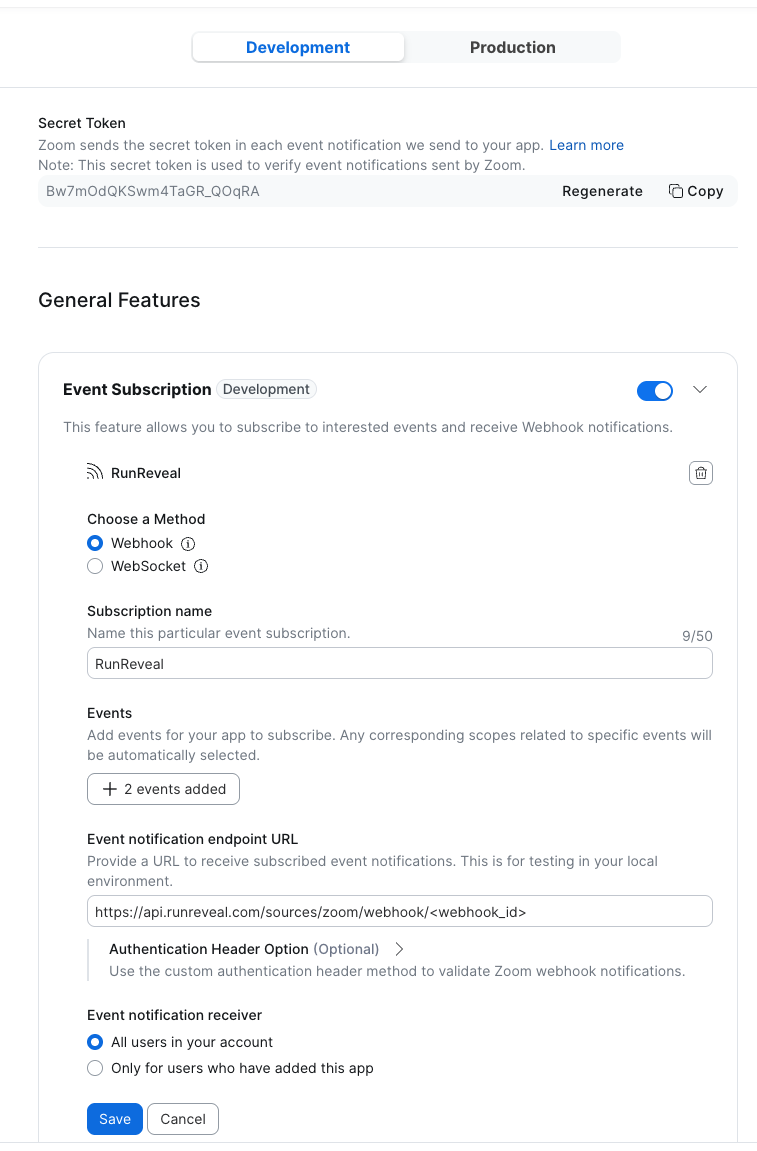 Copy the Secret Token and add a webhook event subscription