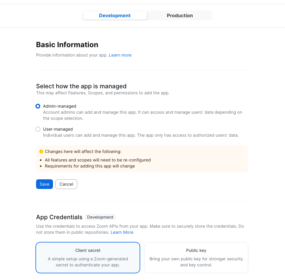 Set Development and Admin-managed on Basic Information