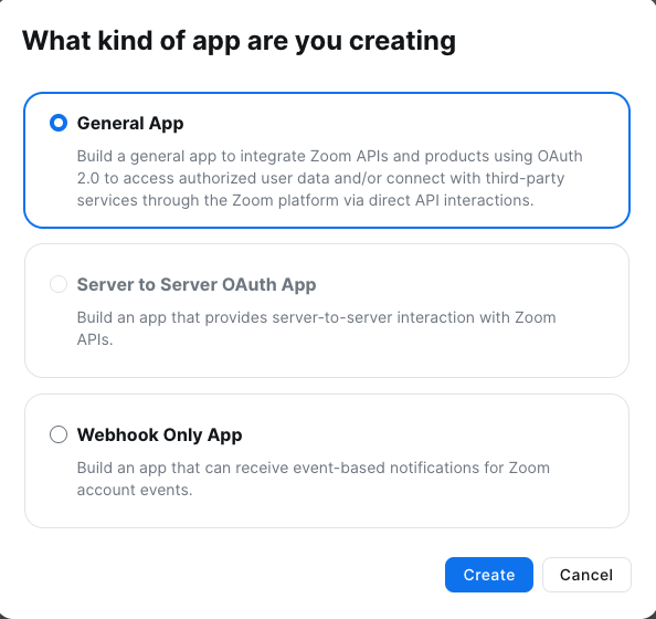 Create a new General App in Zoom Marketplace